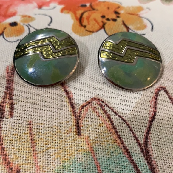 Vintage Clip On Earrings Circle Blue Green with Decorative Design - Picture 2 of 4